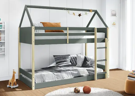 [16673] Lit superposé Montessori SILA  A/maison vert kaki – Dim : 200 x 105 x 175