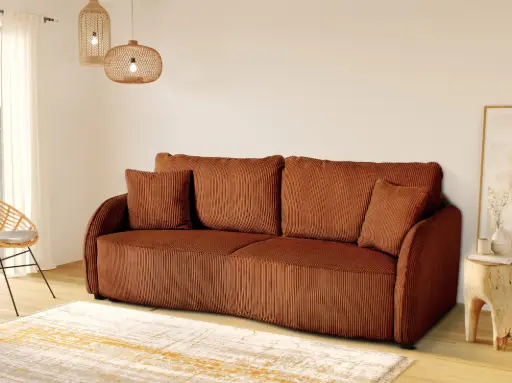 [BARI TERRACOTTA] Canapé 3 places BARI convertible avec coffre de rangement – Tissu Lincoln Terracotta 52 L.215 X l.100 X H.89 CM