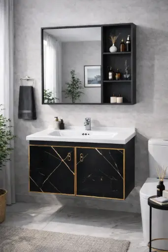 [MSB-80-BLK-GLD-MBL] Ensemble Meuble de Salle de Bain 80 cm – Modèle “Black Marble Gold”, Vasque, Miroir Intégrée & Finitions Luxe - OFRRE SPECIALE : Mitigeur lavabo offert - LIMITED