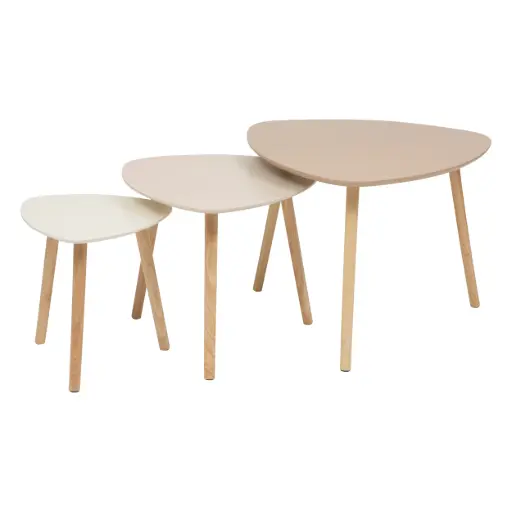 [157052K]  Table café MILEO Lot de 3 - coloris doux et tendance beige, plateaux MDF, Pieds en bois d’hévéa