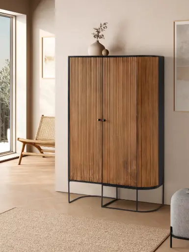 [18376] Meuble haut Curve 2 portes, bois de manguier, pieds métal — 100 × 40 × 165 cm