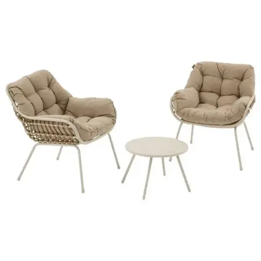 [186620B] Salon duo PAOPAO beige/argile Acier traité époxy antirouille renforcé Coussinage capitonné polyester Table diamètre 48 cm Fauteuil L 74 x l 71 x H 77 cm 