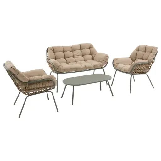 [196968D] Salon 4 places PAOPAO laurier Acier traité époxy antirouille renforcé Coussinage capitonné Polyester canapé : L 125 x l 74 x H 77 cm Table : L 94 x l 50 x H 34 cm Fauteuil : L 74 x l 71 x H 77 cm 